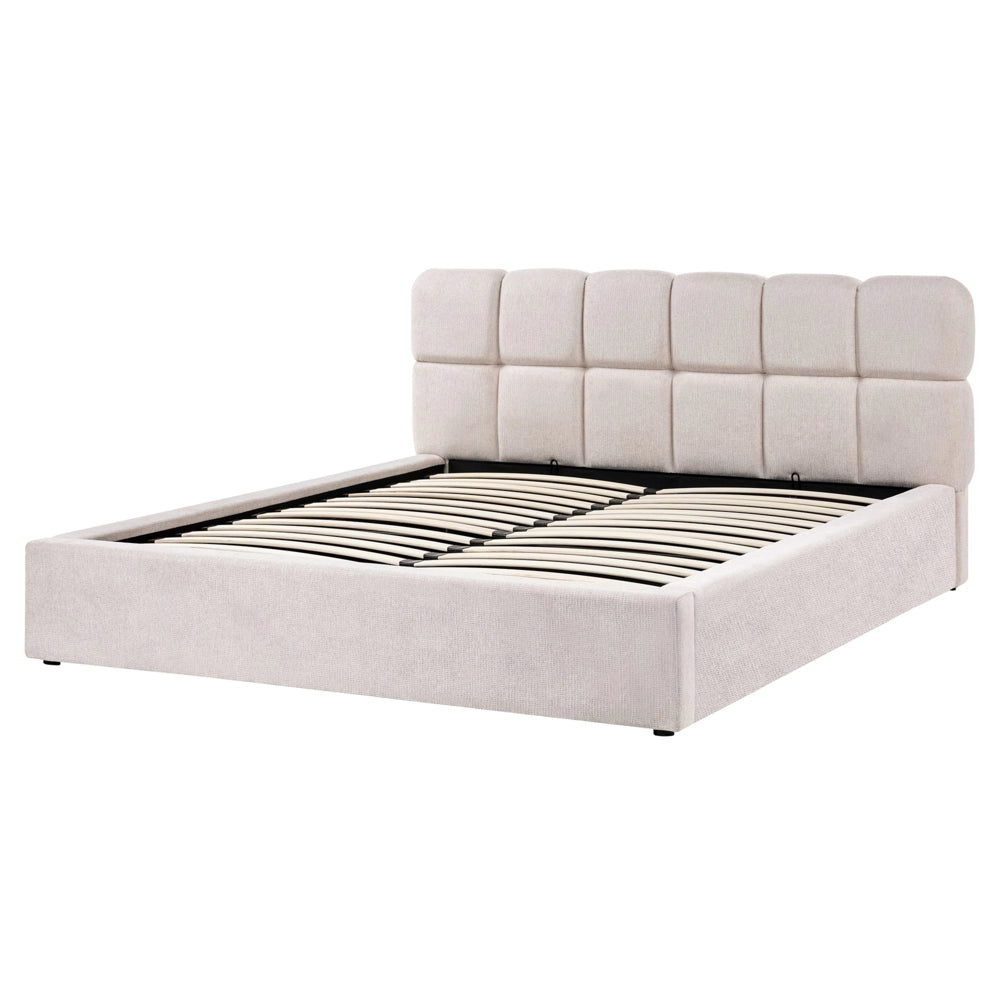 Letto 160 x 200 cm in tessuto beige chiaro, struttura imbottita, testiera con motivo a biscotto e contenitore