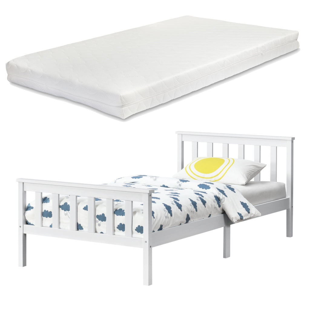Letto Singolo in Legno di Pino con Materasso Ipoallergenico 90 x 200 cm Letto con Testiera e Pediera Alte - Bianco