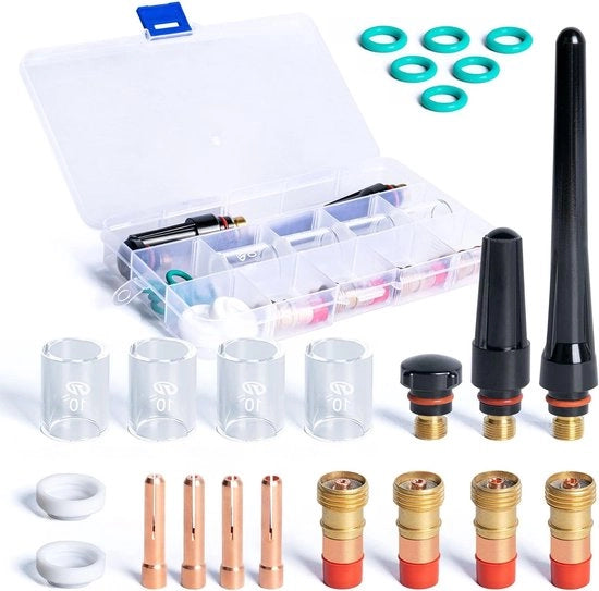 Accessori Set per TIG con 23 Pezzi, Incluso Cassetto di Stoccaggio, Vetro Pyrex, O-Ring e Componenti per la Lente del Gas per WP-17/18/26 Pistola TIG