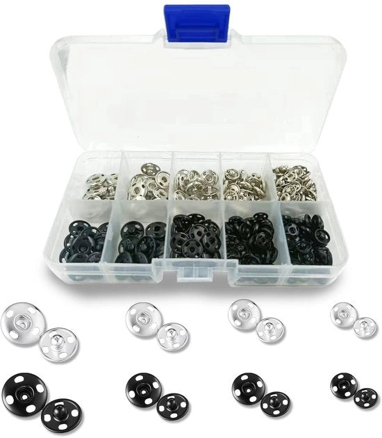 Set di Drukknopen 80 pezzi - Drukknopen per cucito - Drukknopen metallici - Snaps Nero/Argento - 4 misure - Materiale robusto