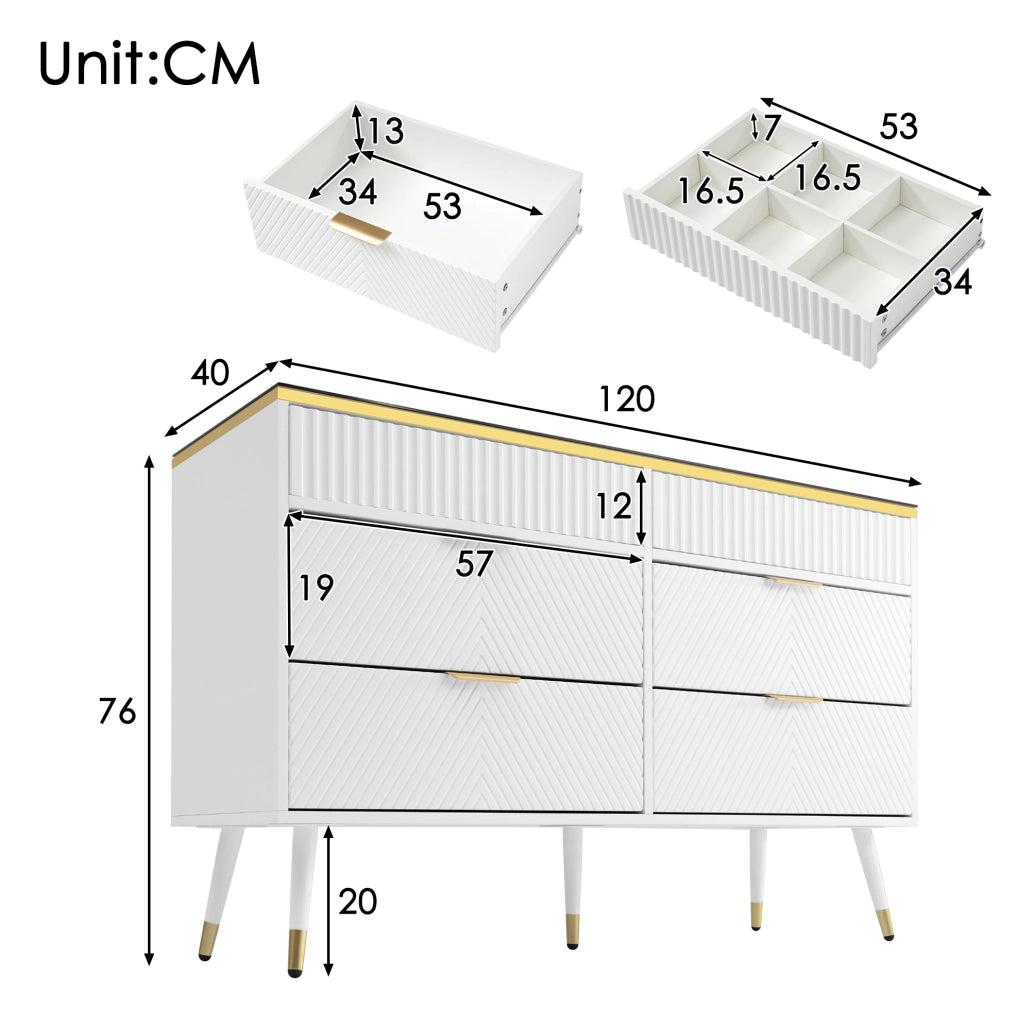 Cassettiera 120x40x76 cm con 6 cassetti; vetro marrone e bianco