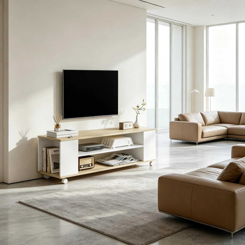 MOBILE TV con ruote 120x40x38,5 cm naturale e bianco