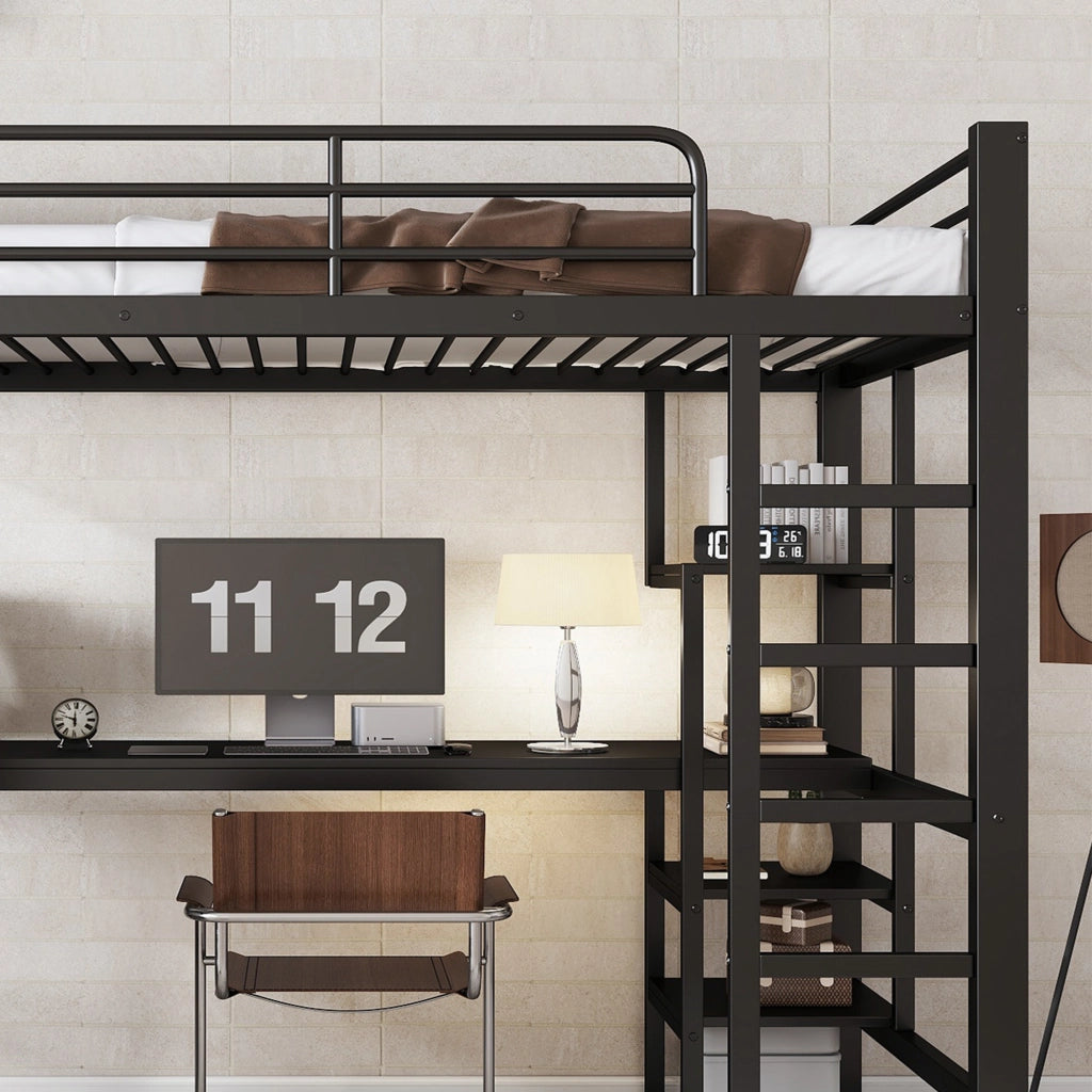 LETTO A CASTELLO 90x200 cm Nero in Metallo con Scrivania e Armadio