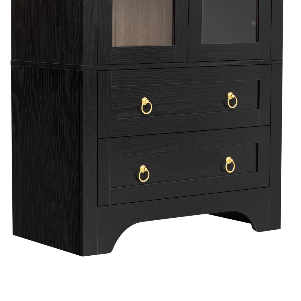 Credenza alta 76,2x40,1x180 cm nera MDF e vetro, 2 ripiani regolabili