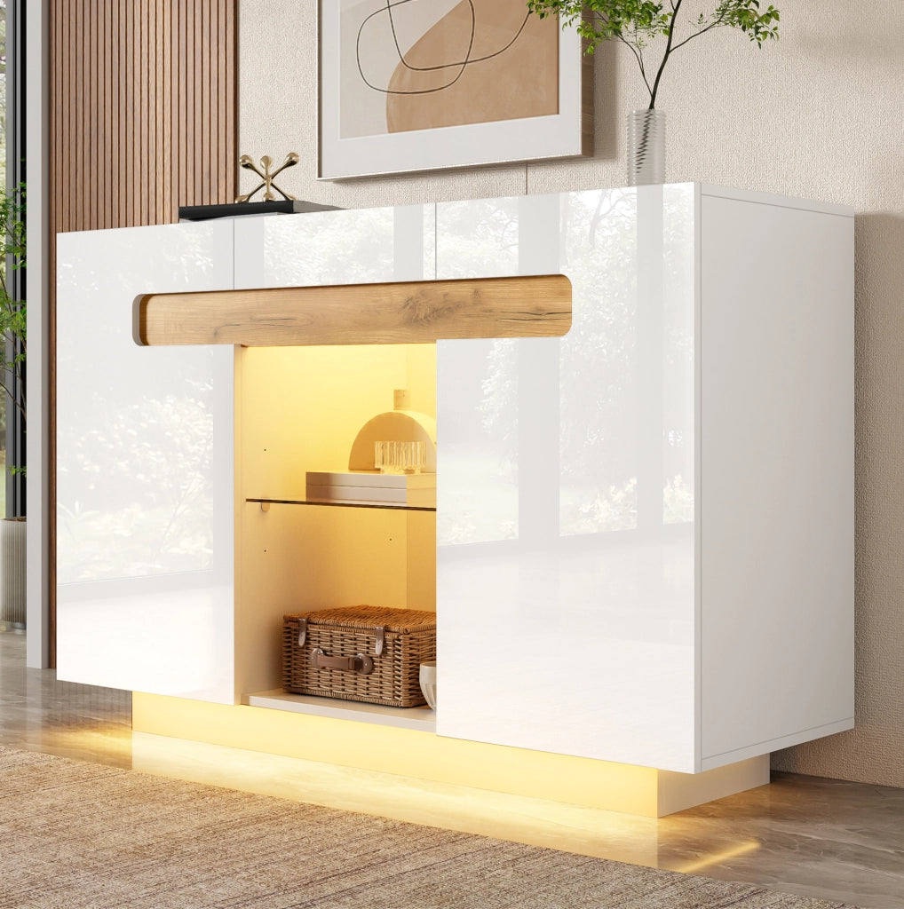 Sideboard con LED e ripiani regolabili 120×40×80 cm bianco e legno naturale
