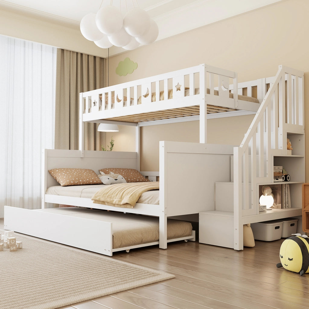 Letto a Castello con Scala Contenitore e Letto Estraibile; 90×200 e 140×200 cm; senza Materasso