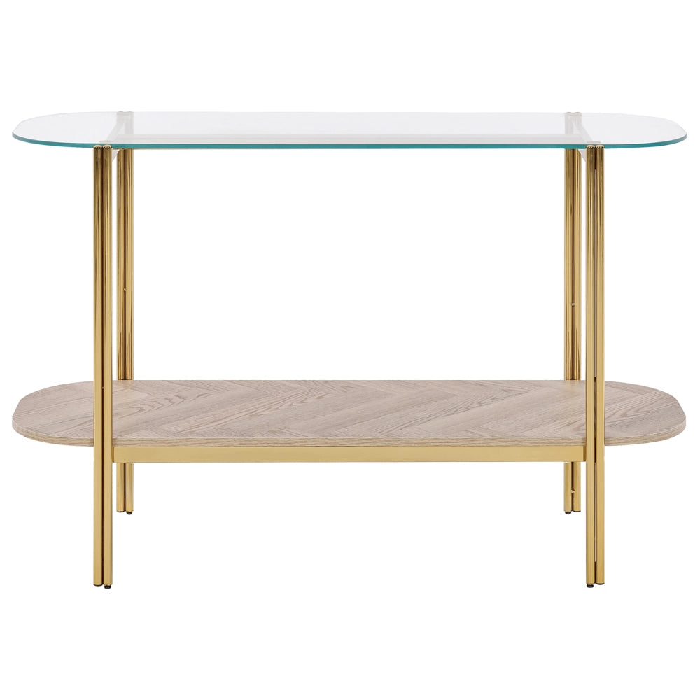 Tavolo console con piano in vetro temperato e struttura in metallo 1 ripiano in legno chiaro e oro stile moderno