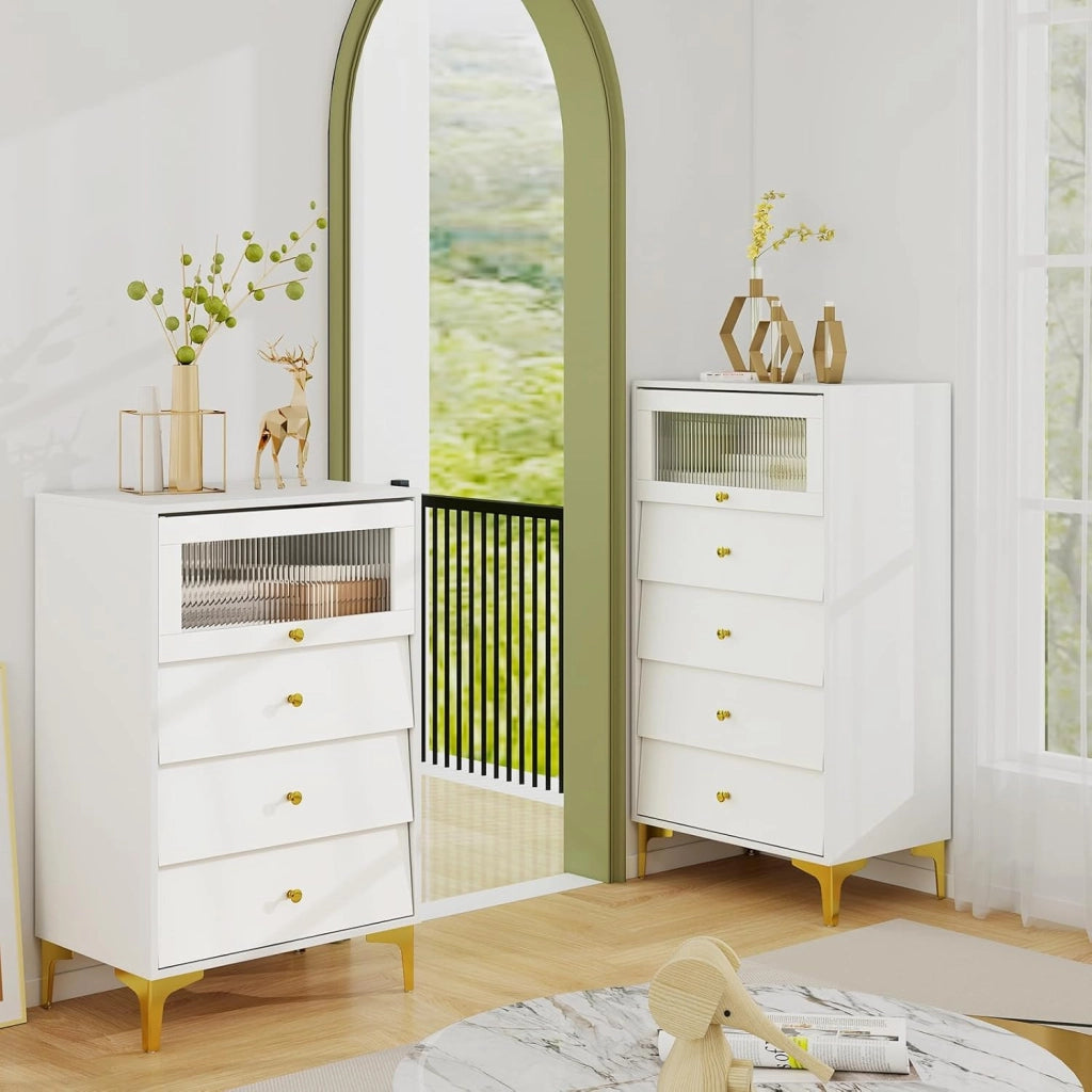 Cassettiera Camera da Letto con 4 Cassetti, Comodino Salvaspazio con Scomparto con Vetrina Ribaltabile, Mobile per Soggiorno Ingeresso e Studio, 60 x 40 x 112,5 cm, Bianco