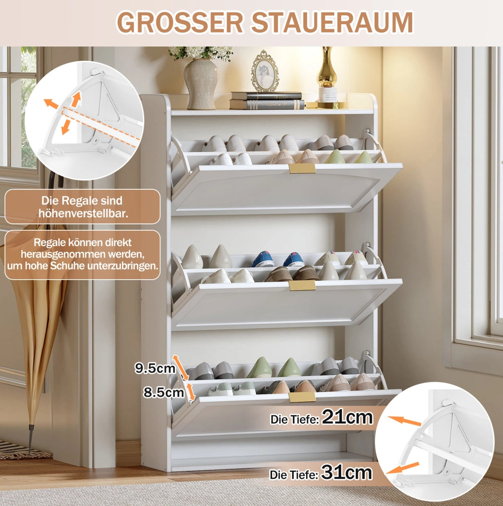 Mobile porta scarpe stretto a 3 livelli 76x23x118 cm in pannello truciolare bianco