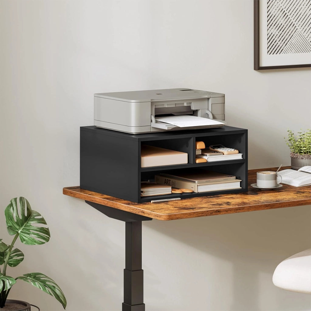 Schedario da Ufficio a 2 Livelli con Custodia, Porta Stampante da Scrivania in Legno con 3 Scomparti per l'Ufficio, 47x40x22,5cm, Nero, ASK15sz
