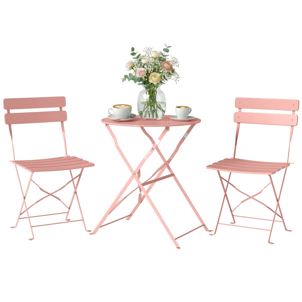 Set Bistrot Giardino 3 Pezzi Tavolo e 2 Sedie Pieghevoli ¨C Xylo ¨C Acciaio Antirugine Rosa