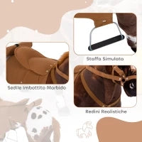 Cavallo a Dondolo per Bambini 2+ Anni con Nitrito, Sella e Staffe, in Peluche e Metallo, 85x28x60 cm, Marrone