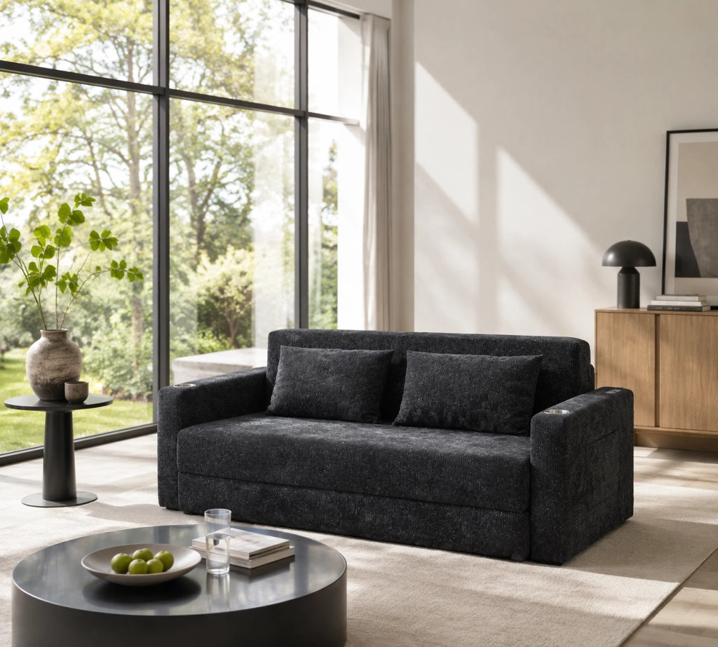 Divano letto 2 posti 153x77x65 cm in ciniglia grigio nero con USB e 2 cuscini