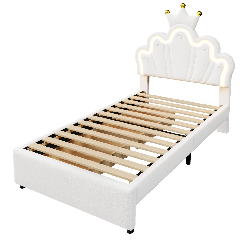 Letto singolo Princess imbottito 90x200cm con 2 cassetti e forma a corona in PU bianco