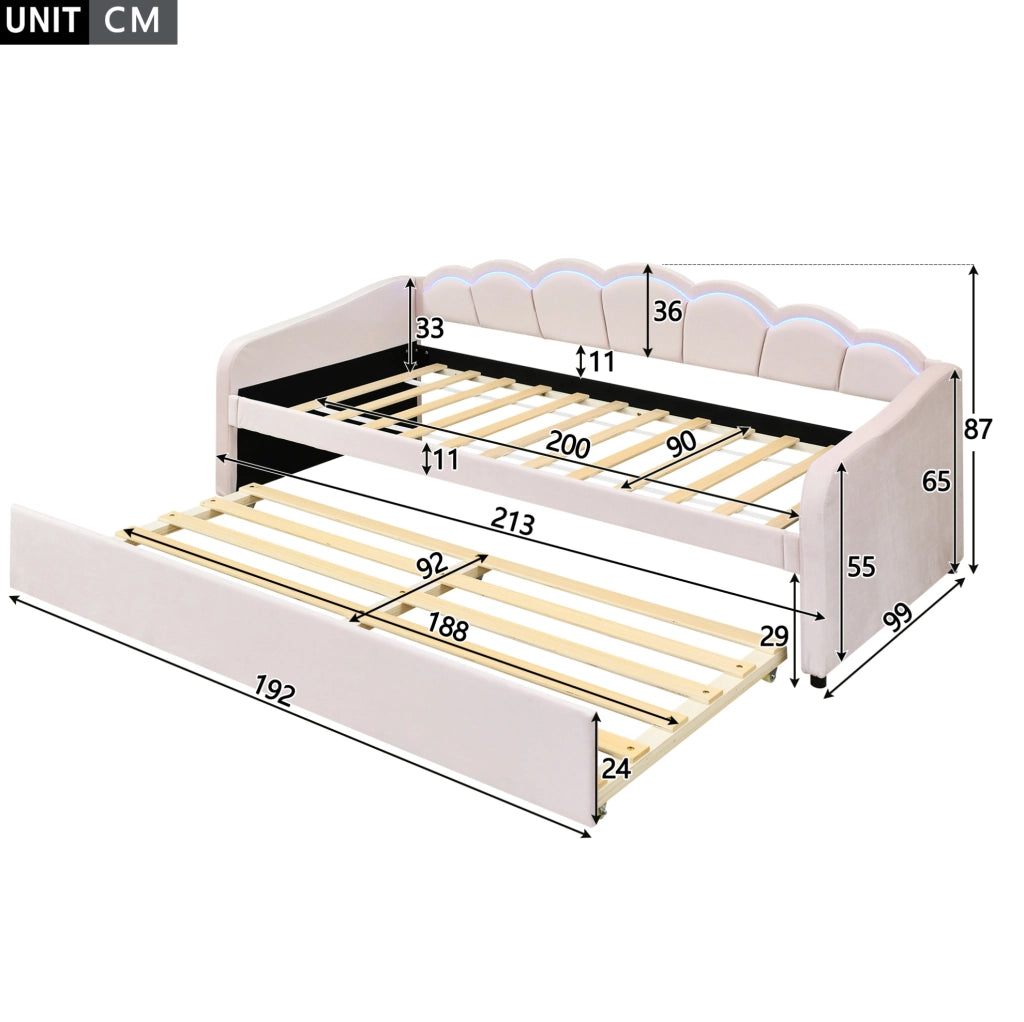 Divano letto estraibile 90x200 cm con luce ambientale e struttura in velluto