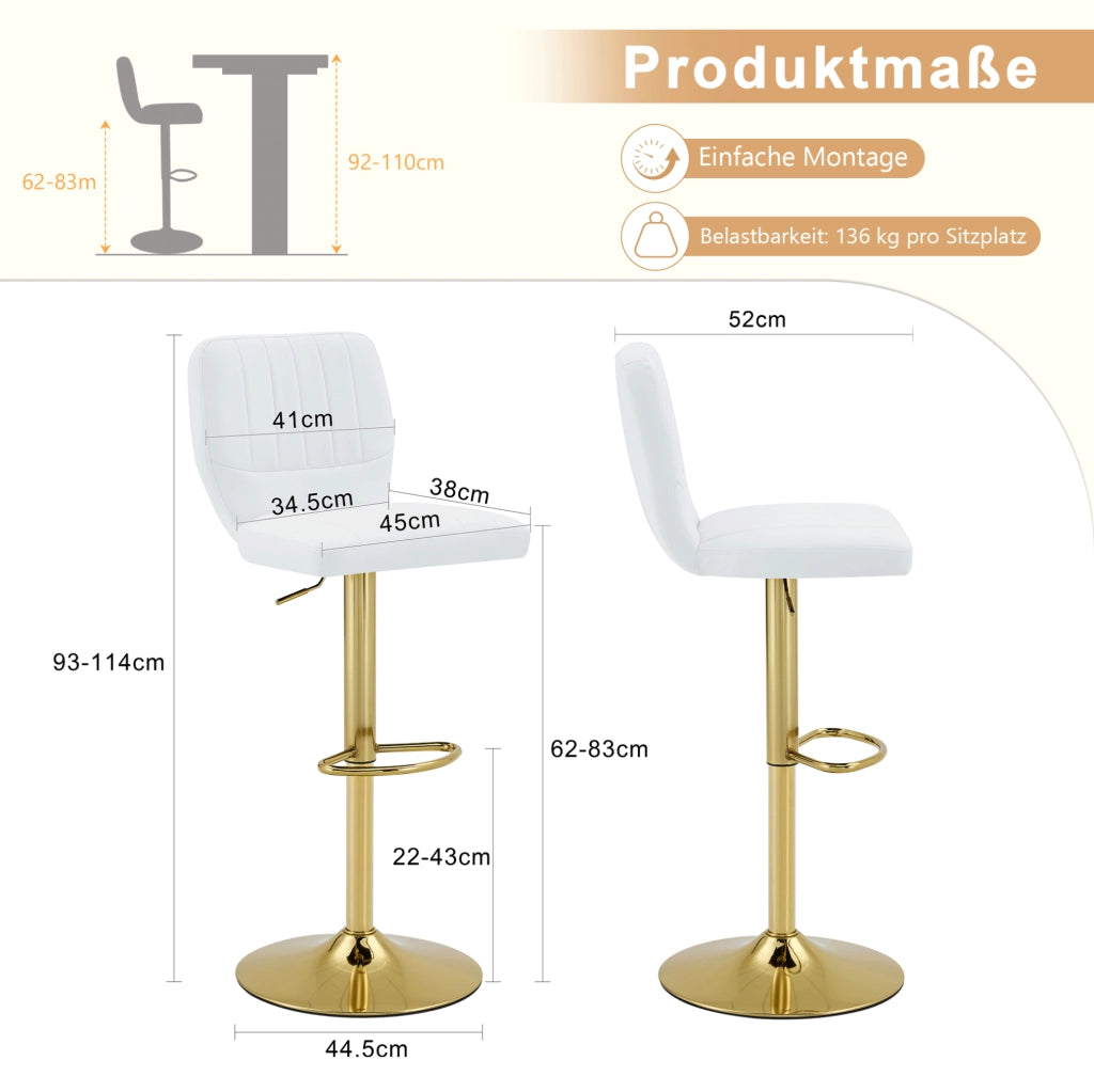 Sgabello da bar ULEVR regolabile 62-83 cm, girevole a 360¡ã, con schienale, poggiapiedi e rivestimento PU bianco-oro