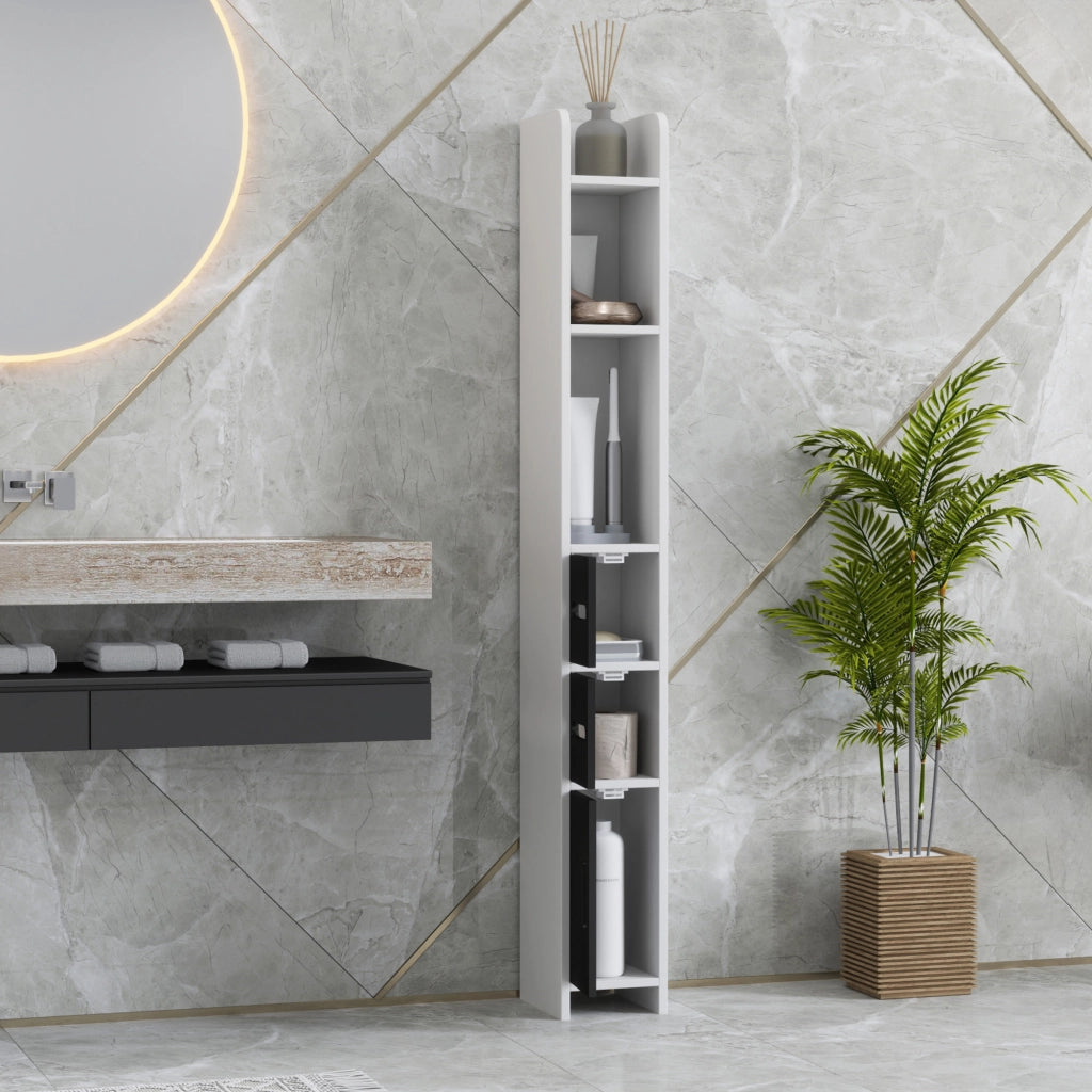 Colonna Bagno con Armadietti e Mensole ¨C zephmum ¨C Legno Bianco e Nero 15x17x120 cm