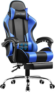 Sedia da Gaming, Ergonomico Sedia da Ufficio, con Massaggiante poggiapiedi e supporto lombare, Schienale Regolabile 90-135°, Portata 150 kg, sedia per computer, Blu