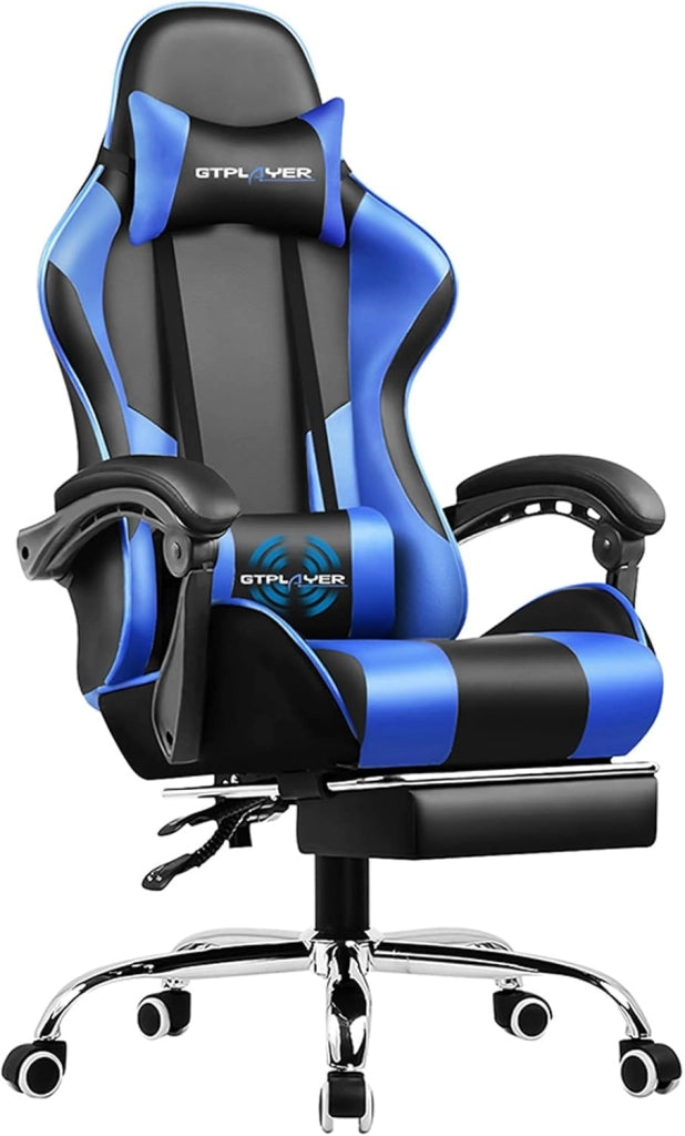 Sedia da Gaming, Ergonomico Sedia da Ufficio, con Massaggiante poggiapiedi e supporto lombare, Schienale Regolabile 90-135°, Portata 150 kg, sedia per computer, Blu