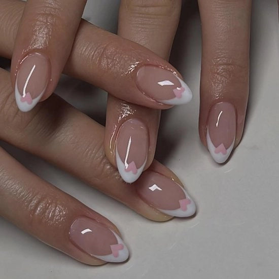 Nageli per unghie adesive 24 pezzi - Rosa a forma di cuore - Corte a forma di mandorla - Lustrati nude - Copertura totale - Adesivi per unghie a secco