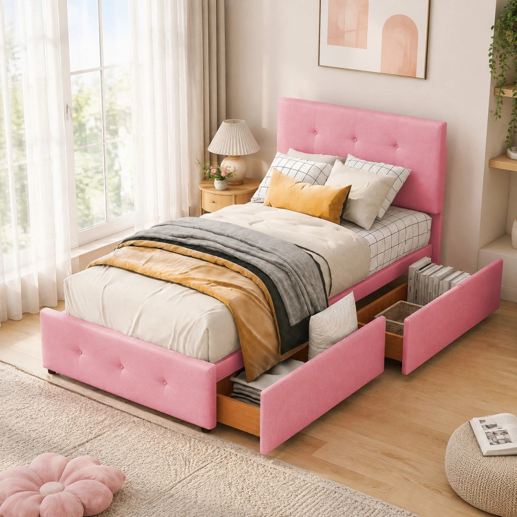 DESMIU Letto singolo 90 × 200 cm con 2 cassetti, senza materasso, in velluto, rosa