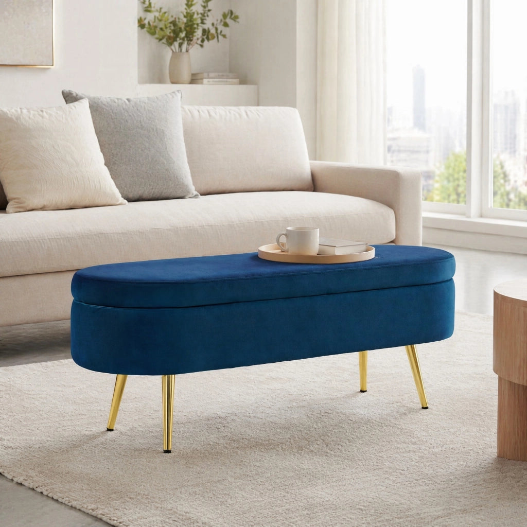 Panca contenitore in velluto blu scuro 110x40x42 cm con vano 20L e gambe in metallo