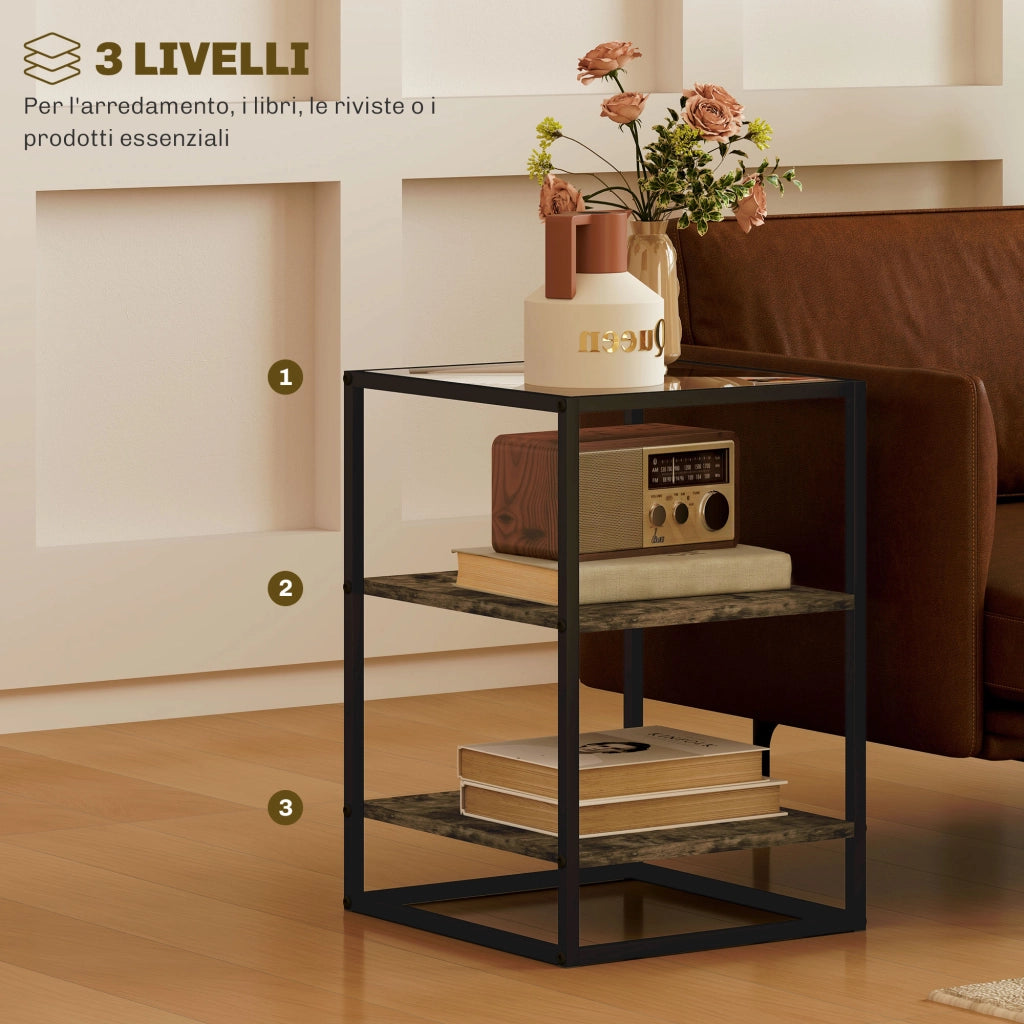 Set 2 Tavolini da Salotto a 3 Livelli ¨C Xylo ¨C Legno Metallo Vetro Temperato Marrone 37x40x55
