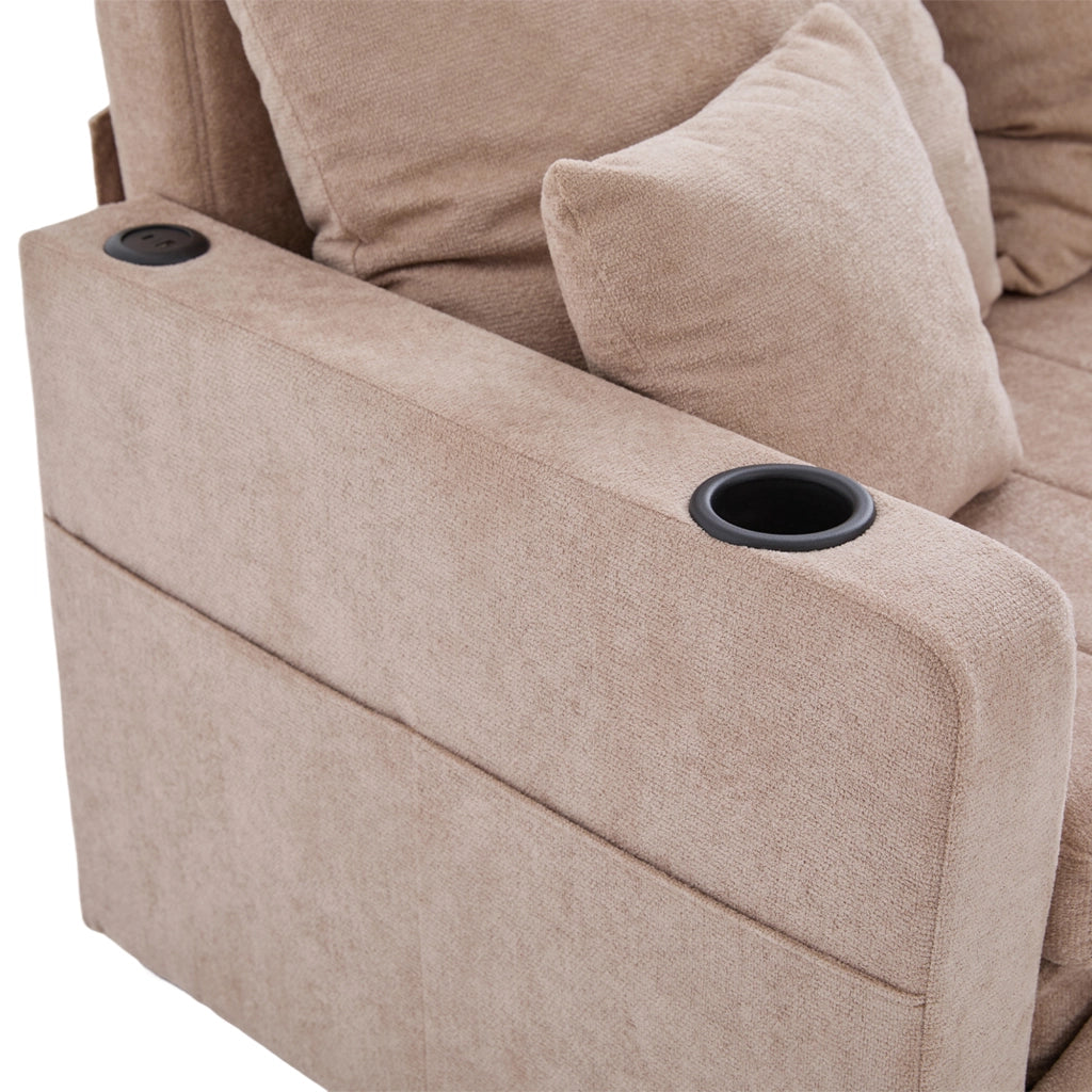 Divano letto convertibile in chenille khaki con tasca laterale e 4 cuscini per piccoli spazi