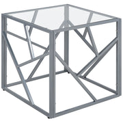 Tavolino Laterale Piano In Vetro Trasparente Struttura In Metallo Argento Cubo 50 x 50 cm Glam Modern