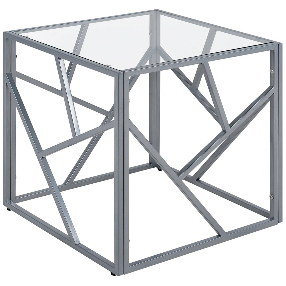 Tavolino Laterale Piano In Vetro Trasparente Struttura In Metallo Argento Cubo 50 x 50 cm Glam Modern