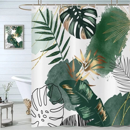 Douchegordijn 200 x 180 cm - Abstracto Verde con Foglie Tropicali - Idrorepellente e Minimalista