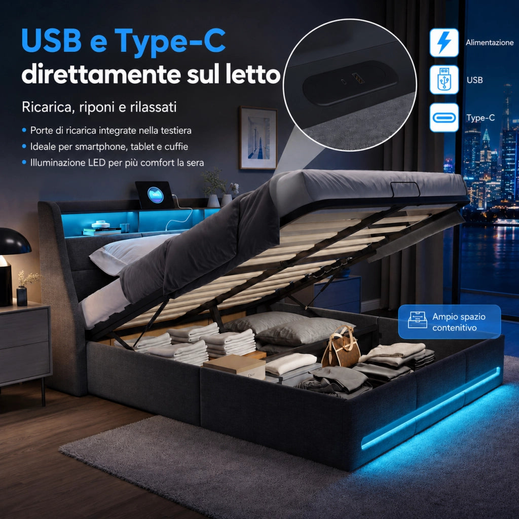 Letto matrimoniale con contenitore idraulico 140×190 cm, tessuto grigio, effetto sospeso LED RGB, testiera con vani, ricarica USB e USB‑C