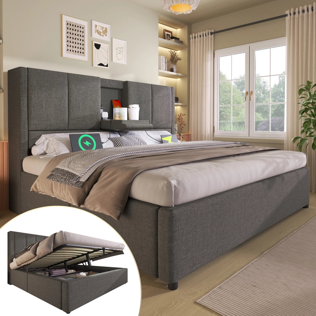LETTO Contenitore 140x200 cm in lino grigio con presa di ricarica