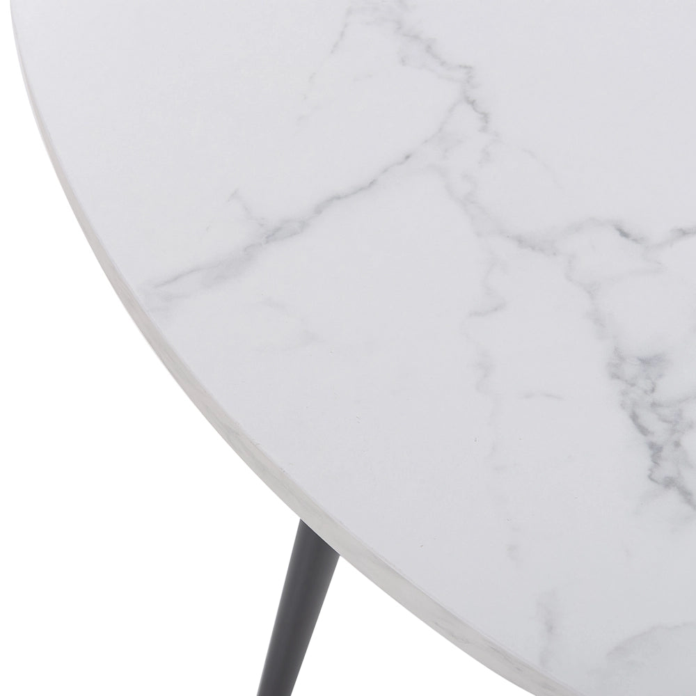 Tavolo da Pranzo Effetto Marmo Bianco Piano Gambe in Metallo Nero Rotondo 120 cm Stile Glamour Moderno