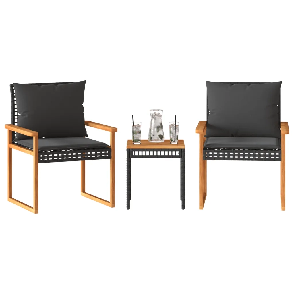 Set da BistrÃ² 3 pz con Cuscini Nero Polyrattan e Legno Acacia
