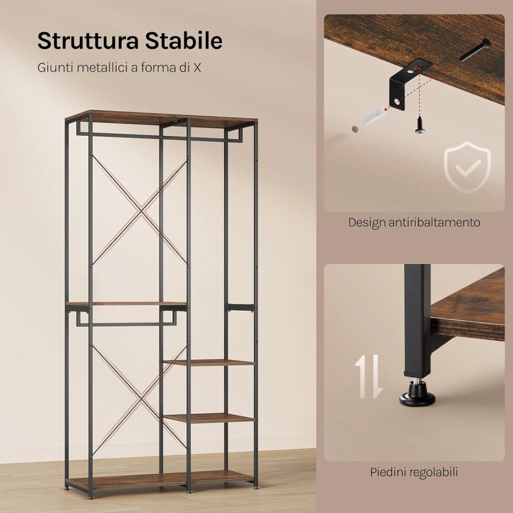 Porta Abiti in MDF e Acciaio, Appendiabiti con Scaffali, Attaccapanni Moderno, Guardaroba Armadio Nero 90x40x204,5 cm
