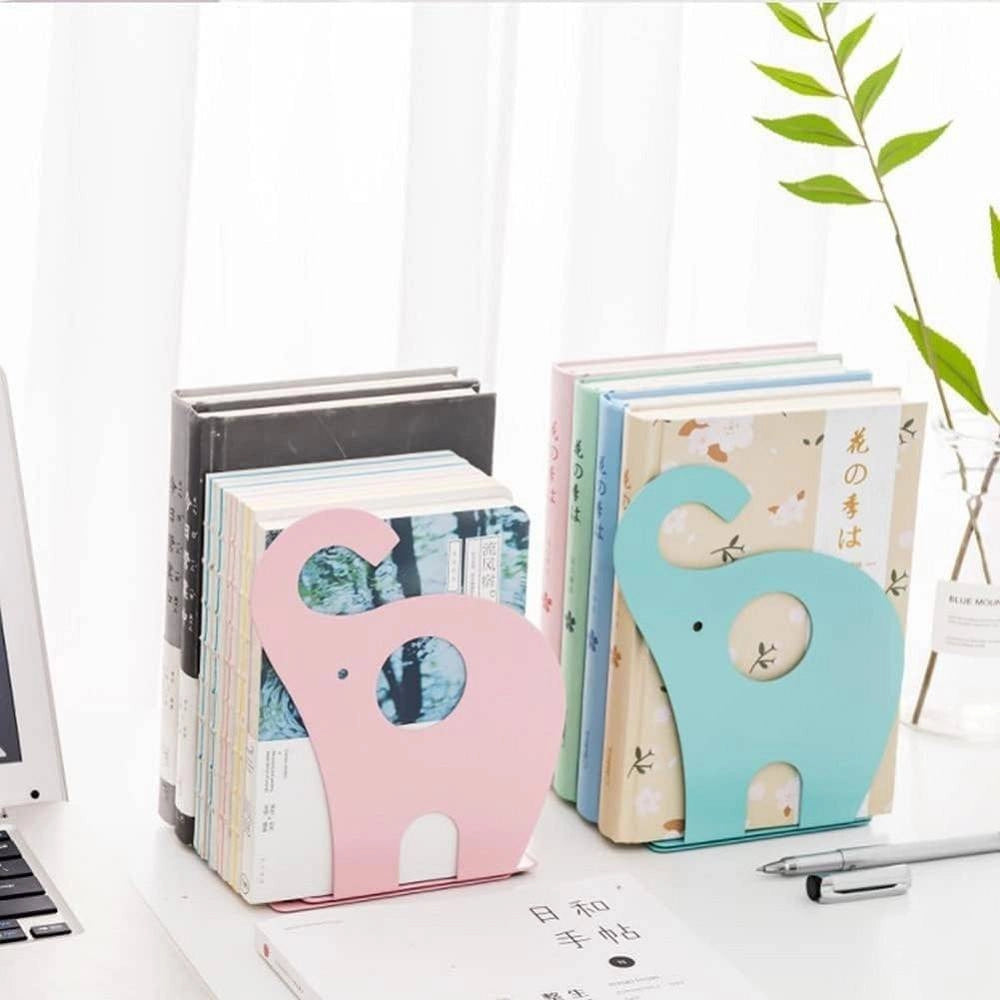 Trade Shop - Set 2 Pezzi Fermalibri Motivo Elefante In Ferro Per Bambini Libri Da 19 X 12 Cm -