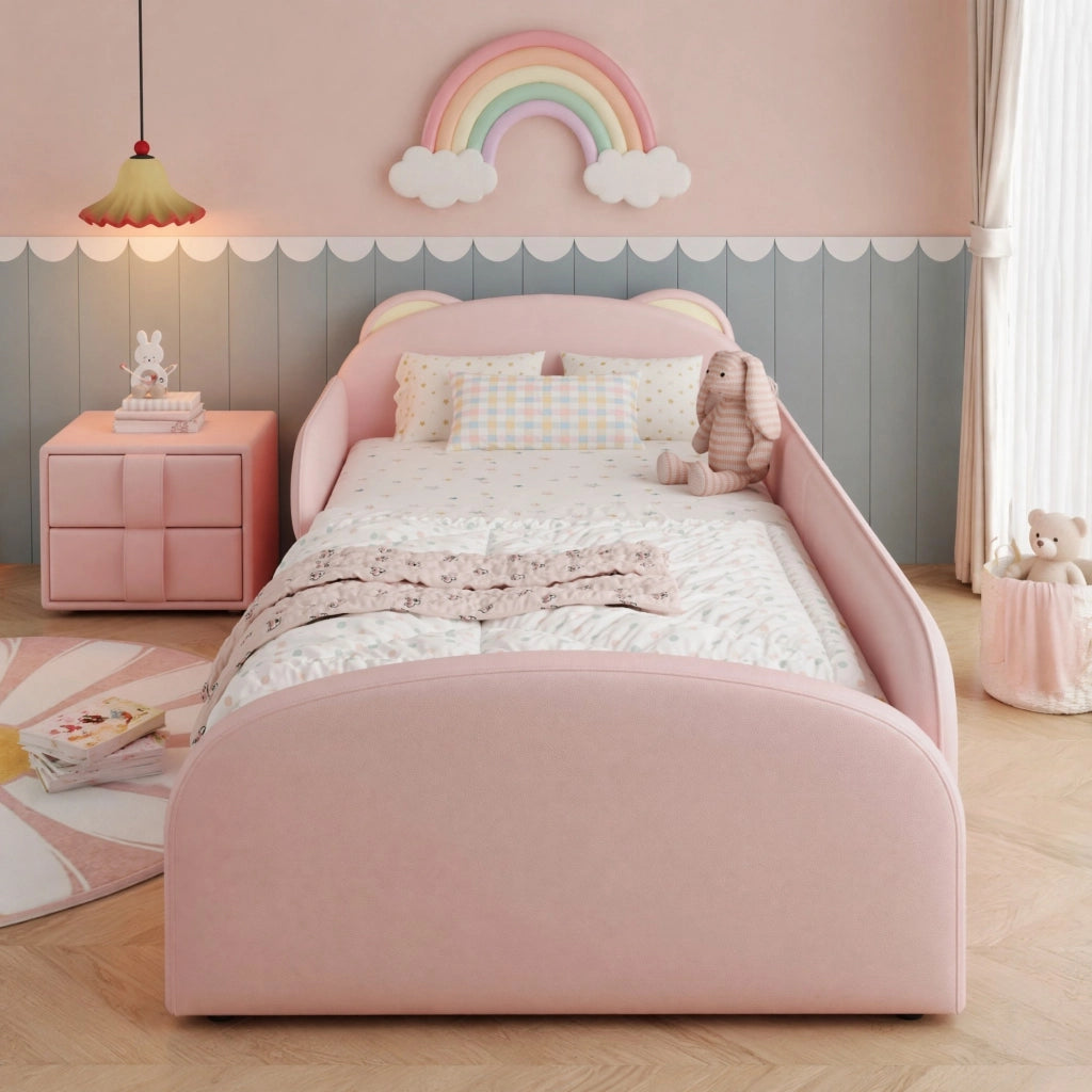 Letto singolo imbottito per bambini rosa 90x200 cm con comodino