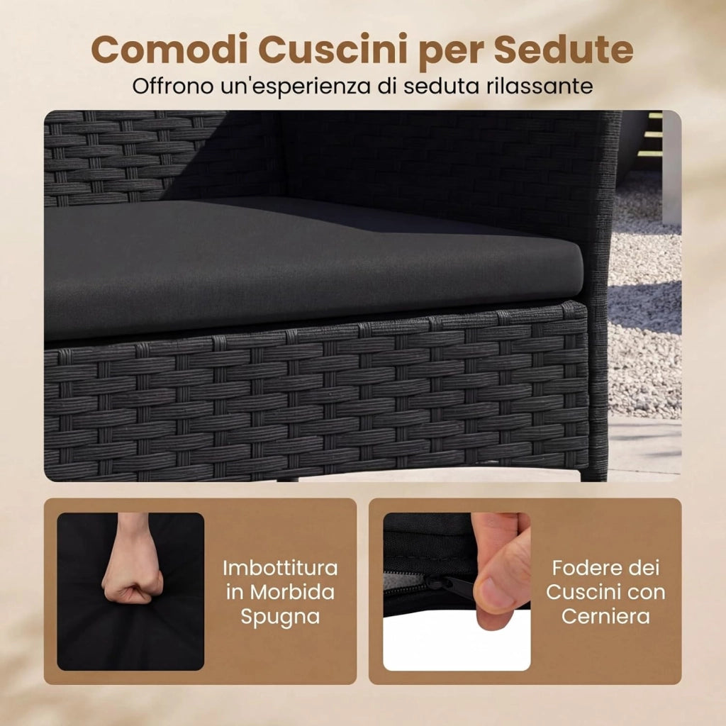 Set Salotto da Giardino 4 Pezzi, Divanetto da Esterno in Rattan PE con 2 Poltrone e Tavolino con Piano in Vetro Temperato, Cuscini Imbottiti, Telaio Metallo per Terrazzo e Balcone (Nero)