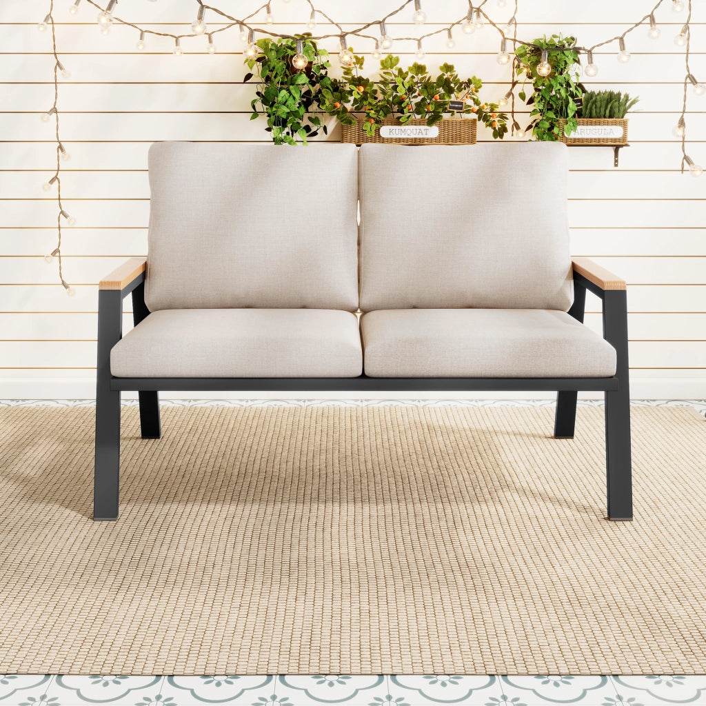 Divano da giardino a 2 posti in acciaio zincato con braccioli in legno-plastica per giardino e terrazzo grigio-beige