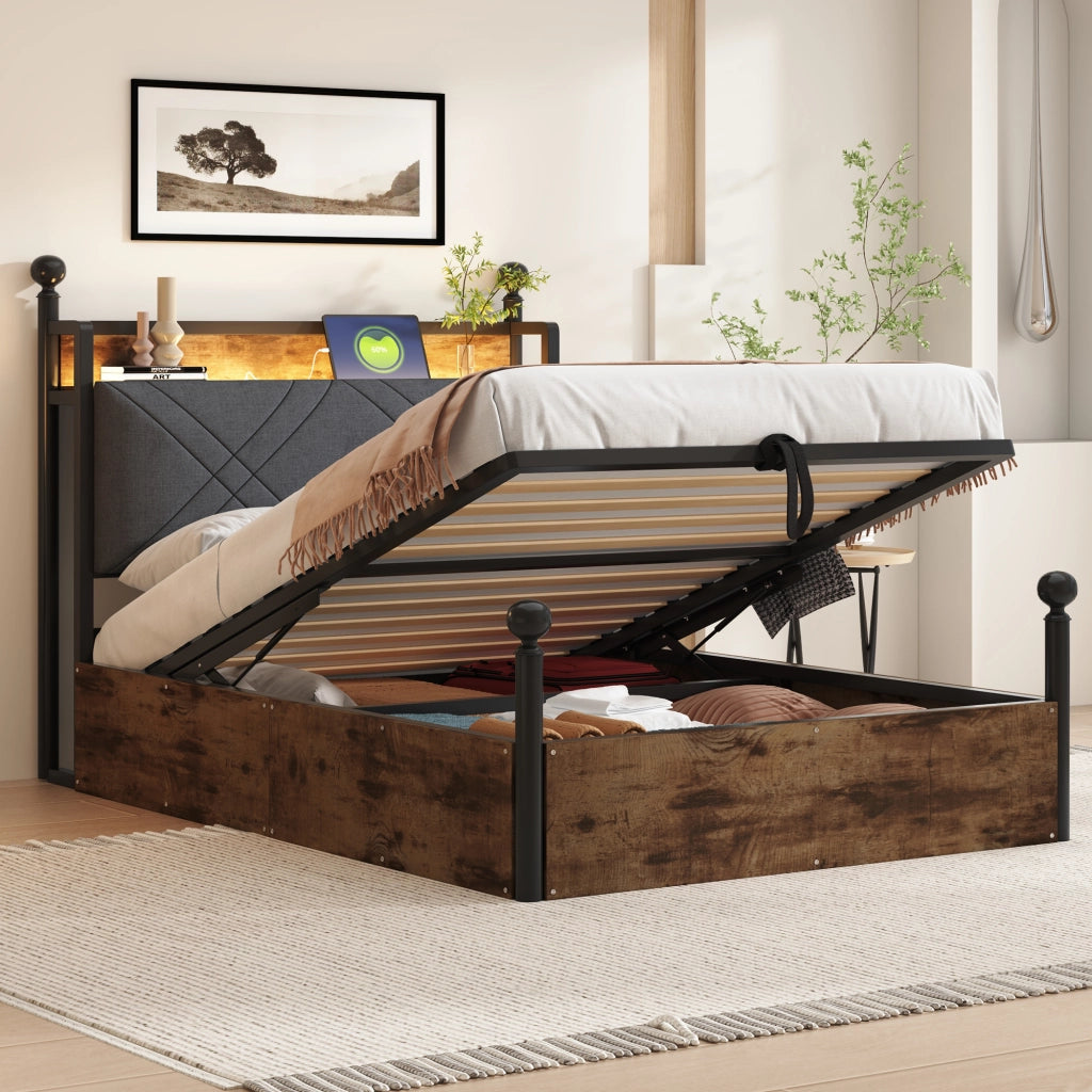 DESMIU Letto singolo 90 × 190 cm 1 posto con vano contenitore, LED, USB e Type-C, senza materasso, nero
