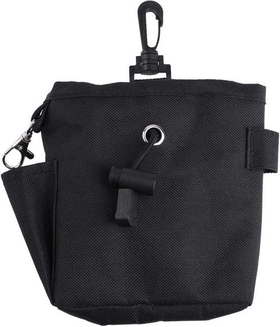 Zwarte traktatiezak per hond, voederzak, snacktas per hond con chiusura in plastica, dimensioni 25x18x9 cm, materiale in nylon, colore nero, peso 0,15 kg, capacità 1,5 l, adatto per hondentraining e educazione di cuccioli.