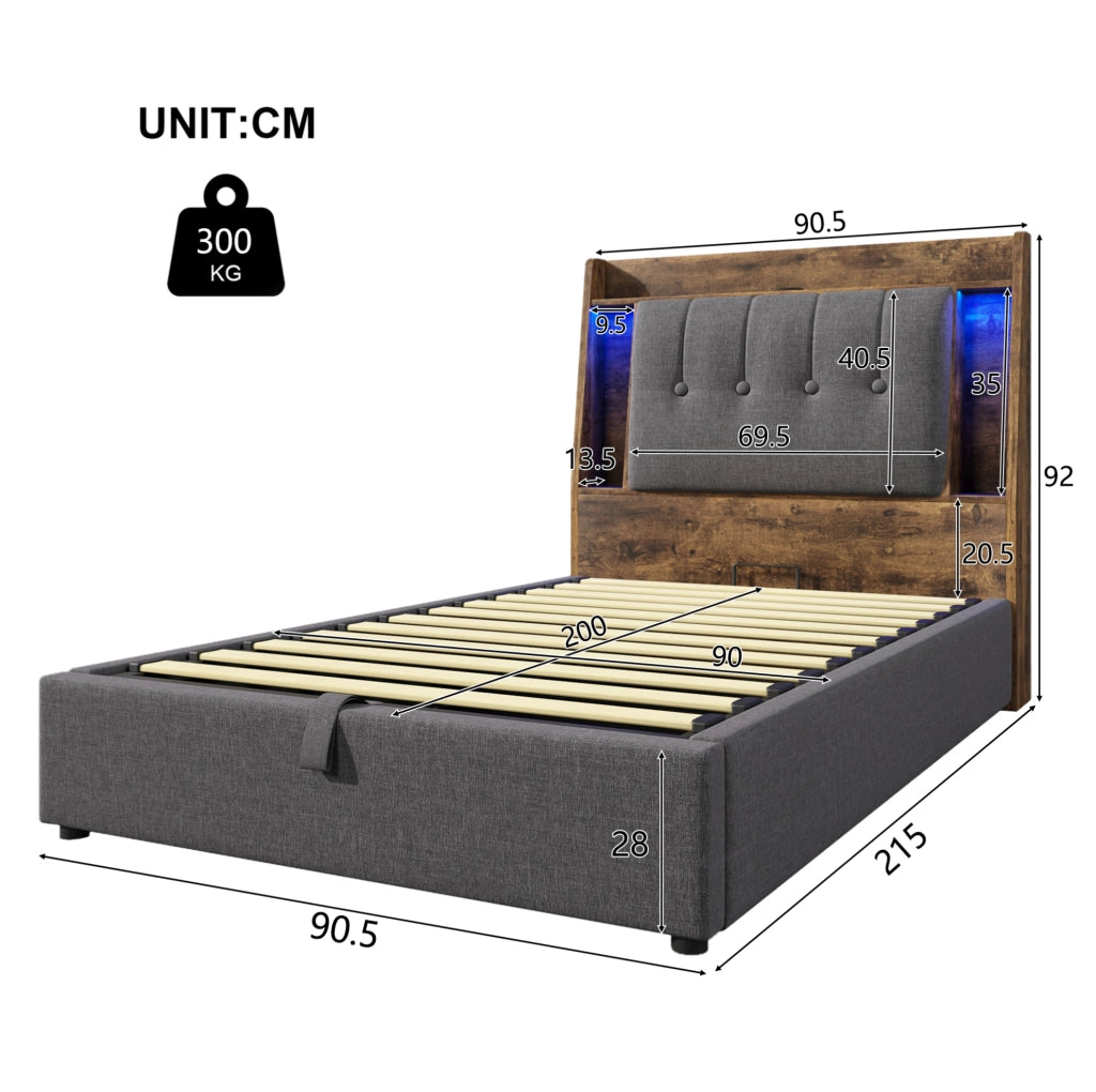 Letto imbottito 90x200 cm grigio con LED, USB-C e vano contenitore