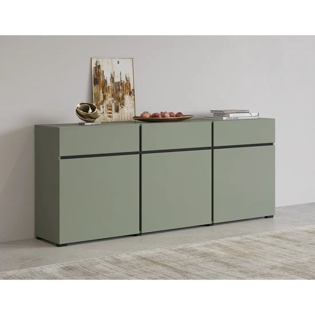 Buffet color salvia verde 180cm collezione HAVANA. Credenza di design con 3 porte e 3 cassetti.