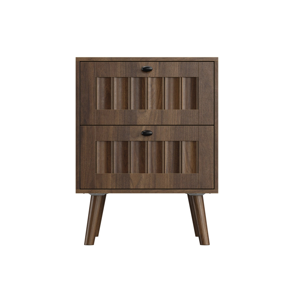 Comodino con 2 cassetti e guide silenziose, design retro con pannelli scanalati, per camera da letto, noce