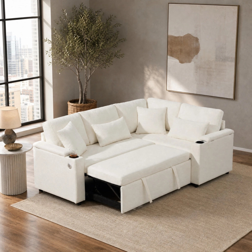 SOFÀ ANGOLARE Letto estraibile 206,5x141x86 cm Beige in ciniglia