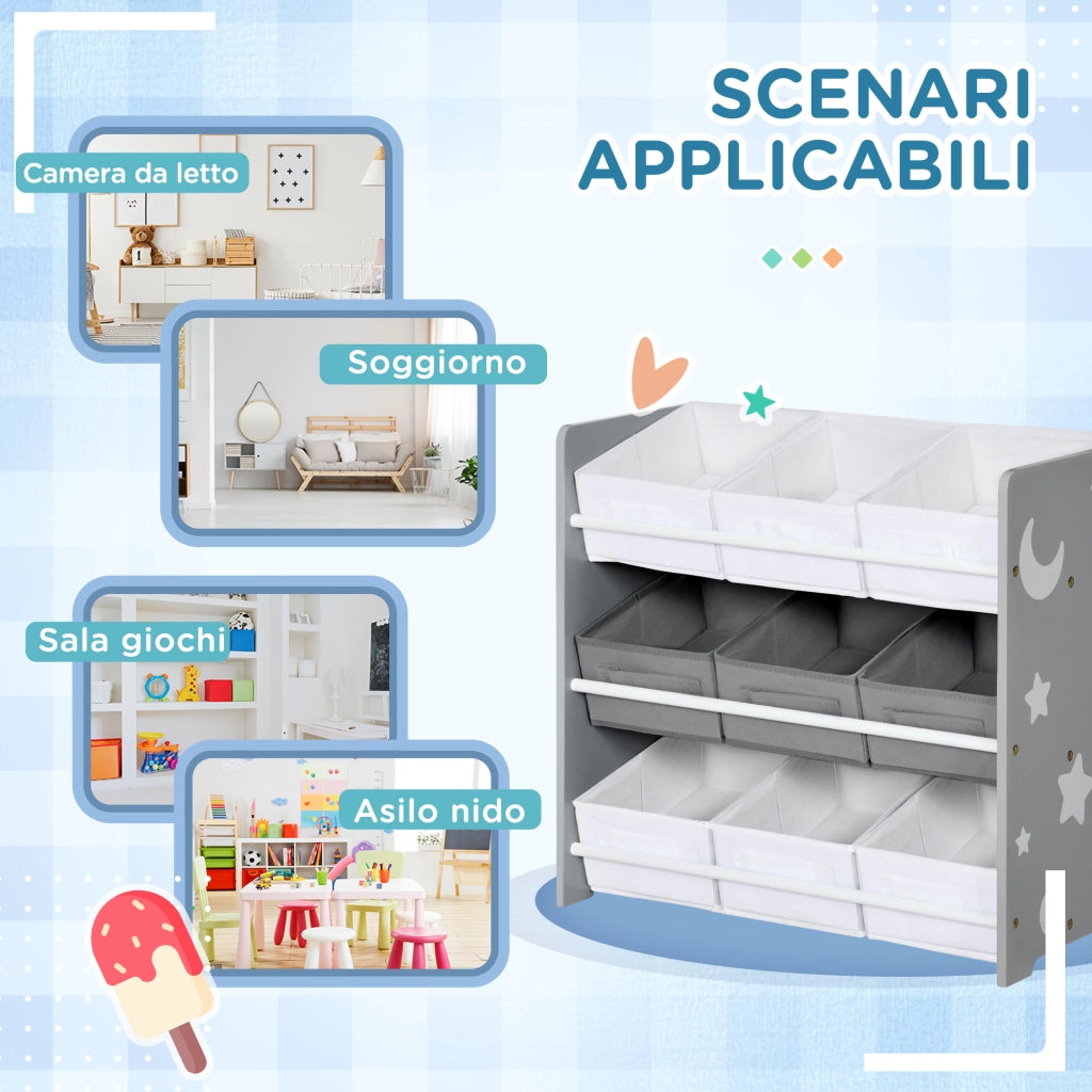 EasyComfort Mobiletto Portagiochi con 9 Cestini Rimovibili in MDF e Tessuto, 63x30x60cm, Grigio e Bianco