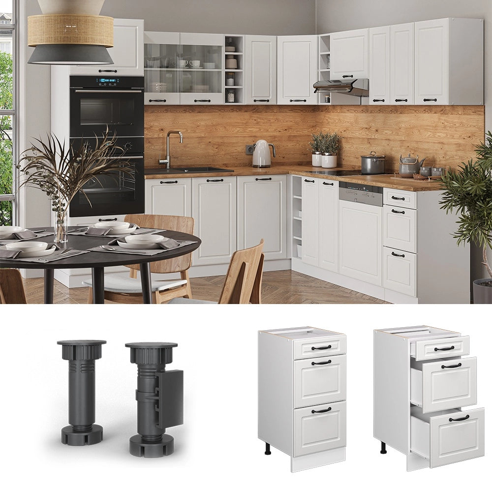 Mobiletto base per cucina R-Line Bianco rustico/Bianco 40 cm con cassetti, senza piano di lavoro Vicco