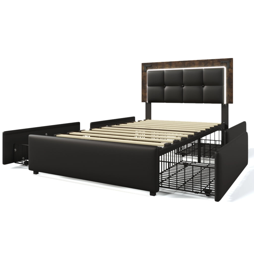 Letto Singolo Imbottito con LED e Cassetti ¨C MINIMAL ¨C PU Nero 90x200 cm