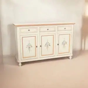 Credenza base napoletana in legno Shabby chic 3 ante avorio anticato decorata filo arancione